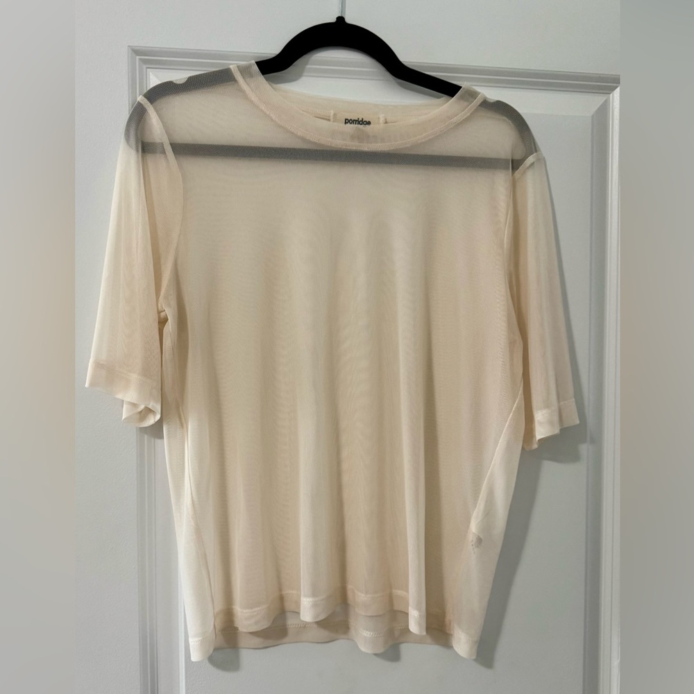 Anthropologie Nude Sheer Short Sleeve T-Shirt with Classic Neckline